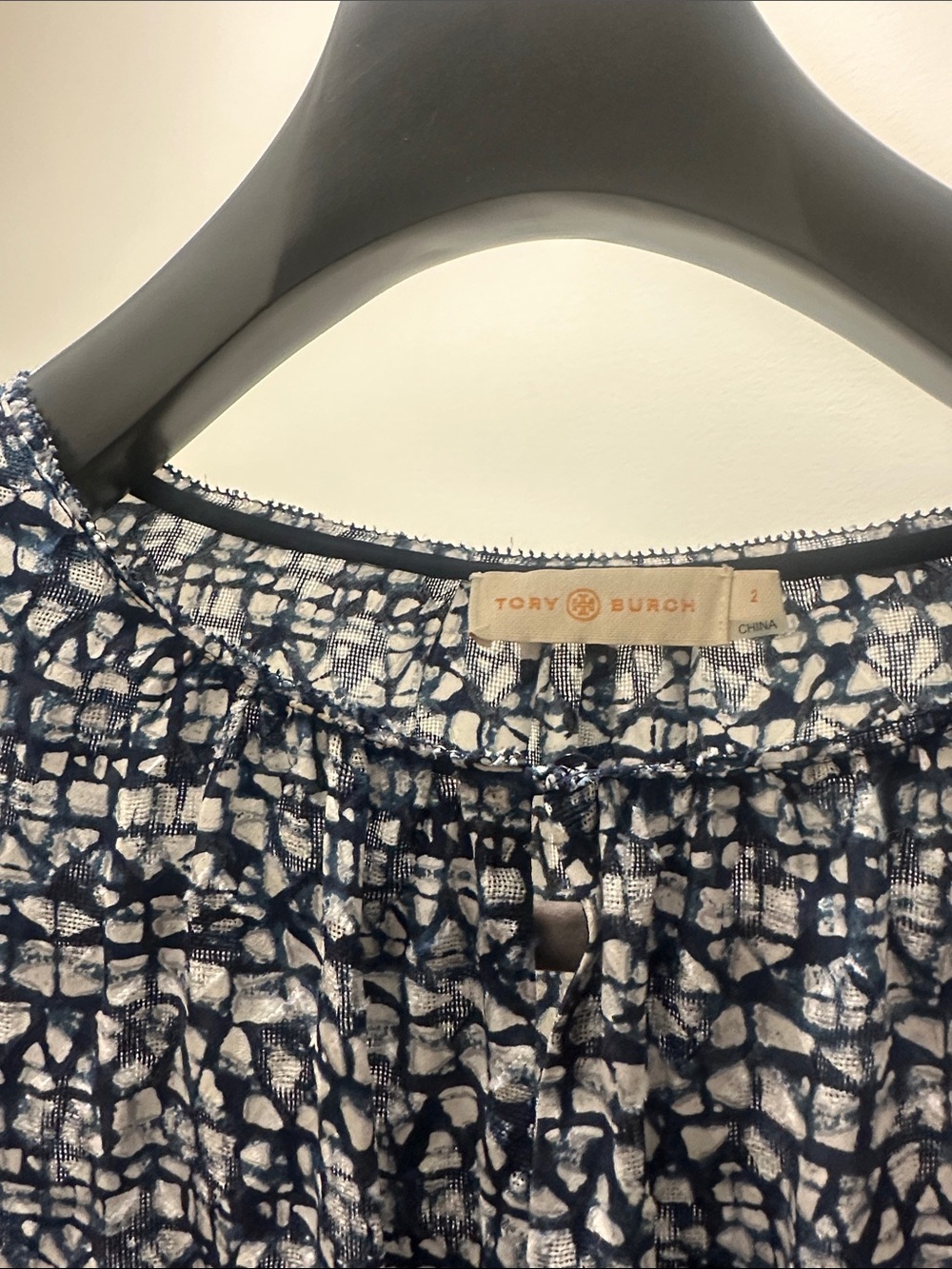 Tory Burch Navy and White Geometric Long-Sleeve Blouse - Picture 4 of 4